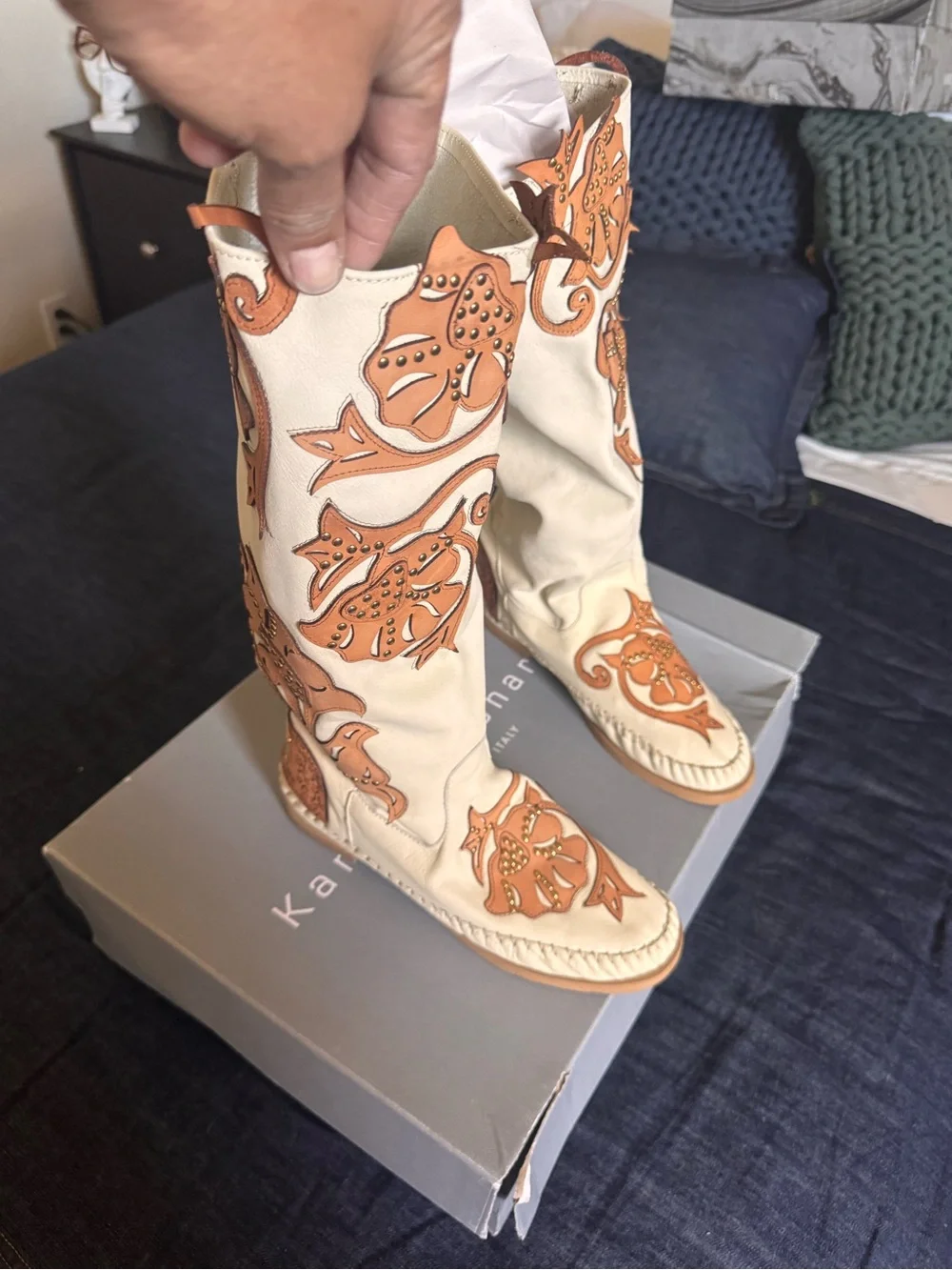 Free People Cream Over-the-Knee Boots with Tan Floral Applique